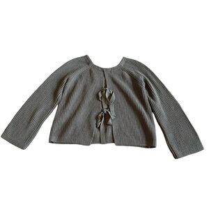 Final Touch Grey Pullover Sweater Woven Tie Bow Back Stretch Size Small Women's